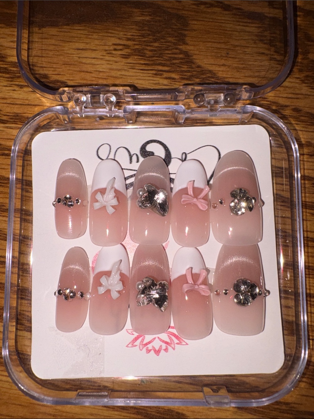 Nude Pink French Tip Press-On Nail Set with 3D Floral and Rhinestone Accents